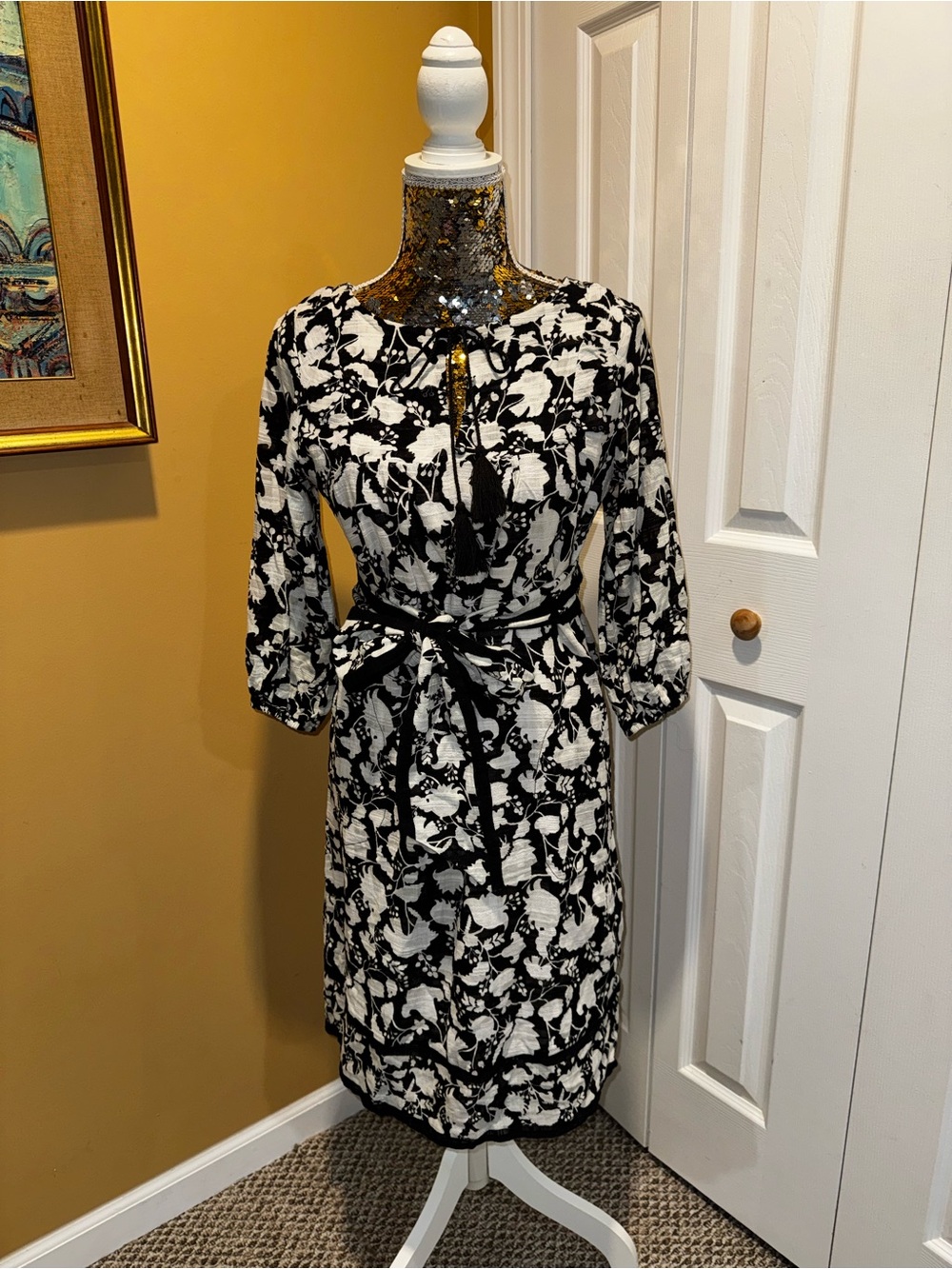QVC Studio Park Black & White Floral Tie-Waist Women’s Dress